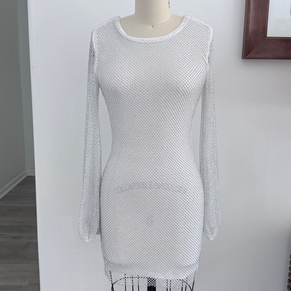 Crystal Doll White Mesh Rhinestone Long Sleeve Mini Dress NWT Size XS